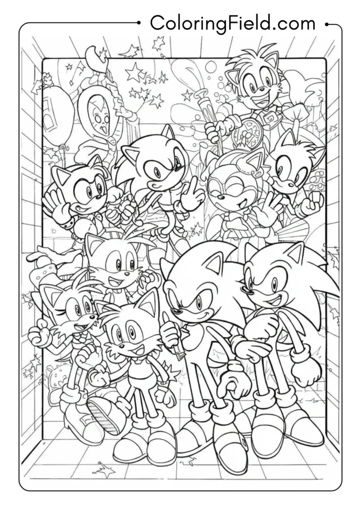 Sonic characters at a party scene, celebratory group
