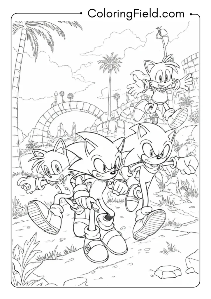 Sonic characters racing together, competitive scene
