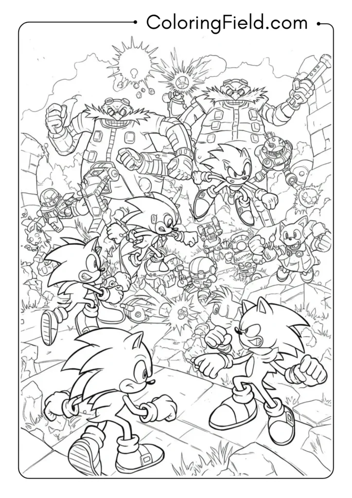 Sonic characters vs. Eggman robots, battle scene