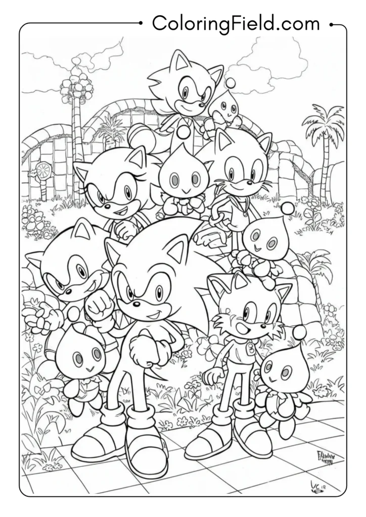 Sonic characters with Chao pets, cute group scene