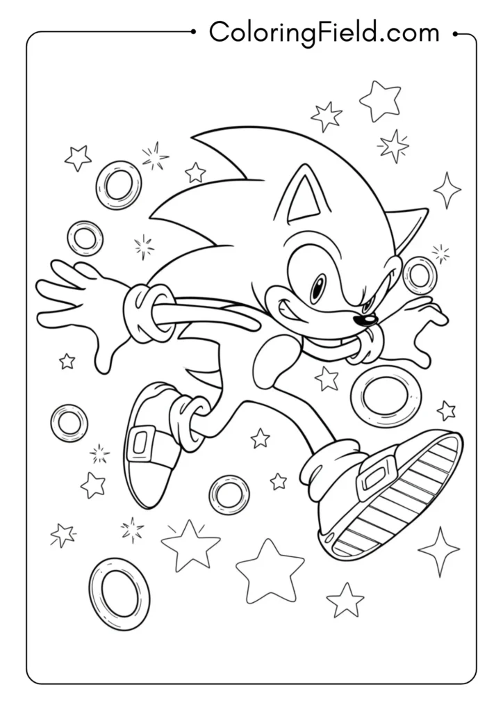 Sonic collecting rings with stars and sparkle effects, action scene