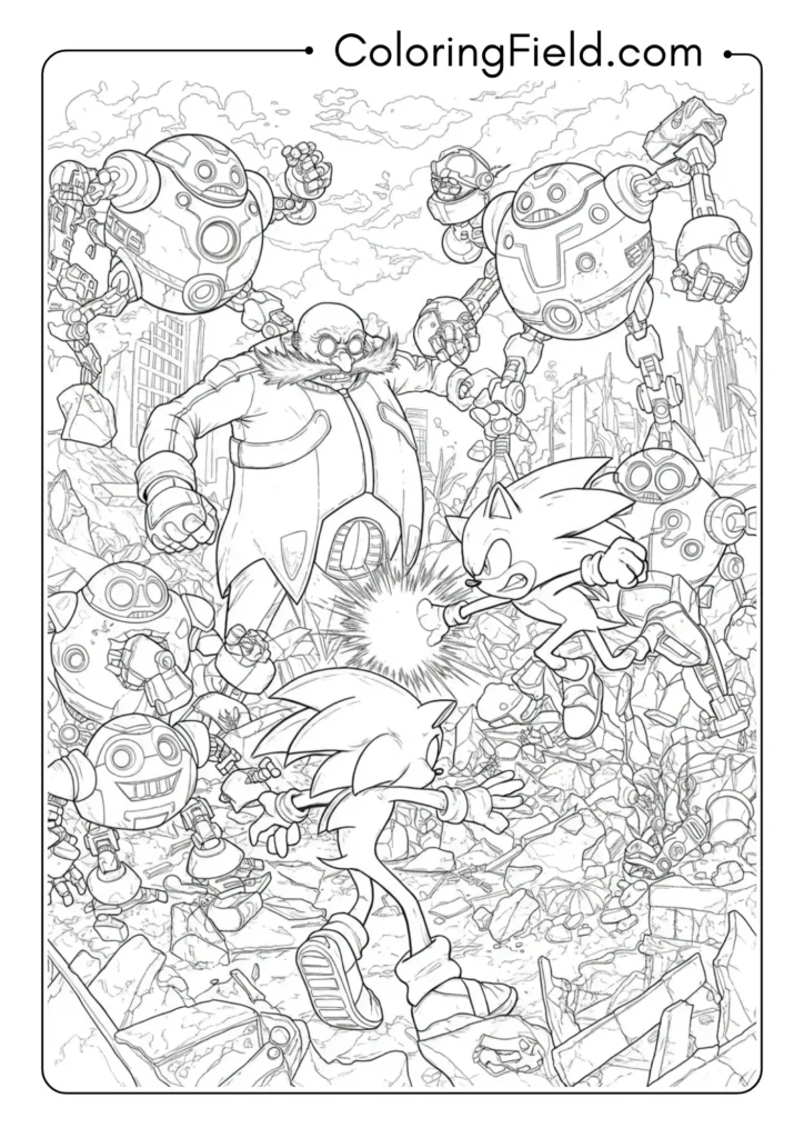 Sonic fighting movie Robotnik with his egg-shaped machines, climactic battle scene