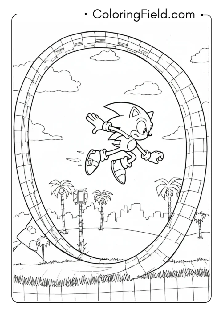 Sonic jumping through a classic Green Hill Zone loop, side view