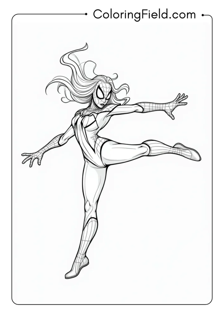 Spider-Gwen executing her unique acrobatic fighting style