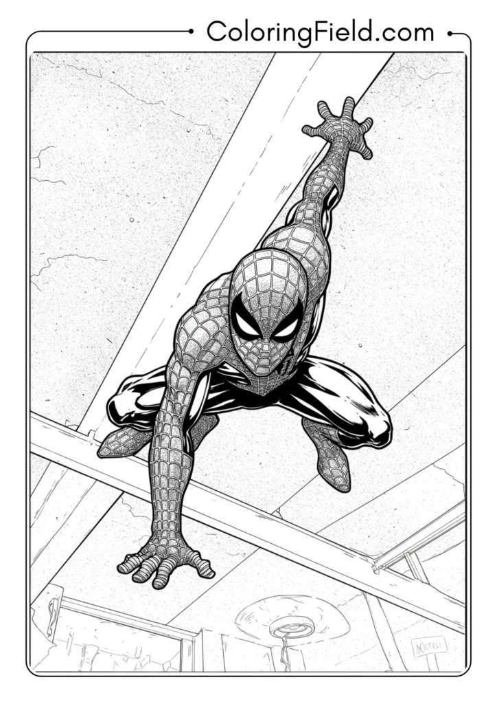 Spider-Man crawling on a ceiling