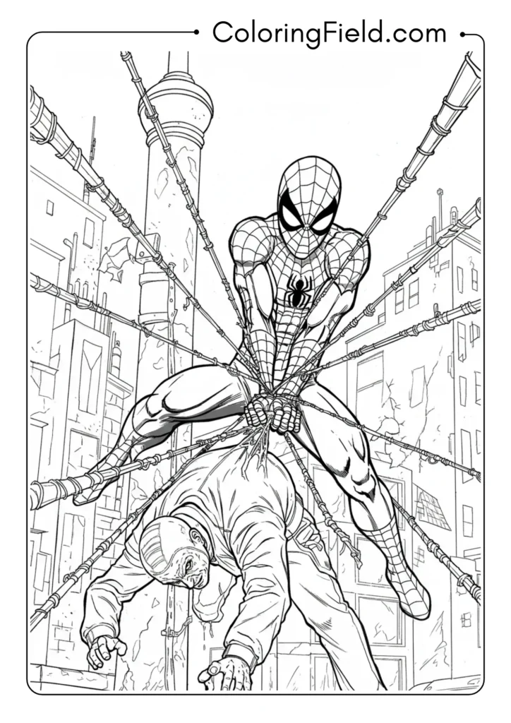 Spider-Man restraining a criminal