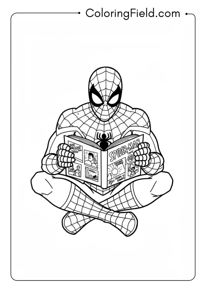 Spider-Man sitting cross-legged reading a comic book
