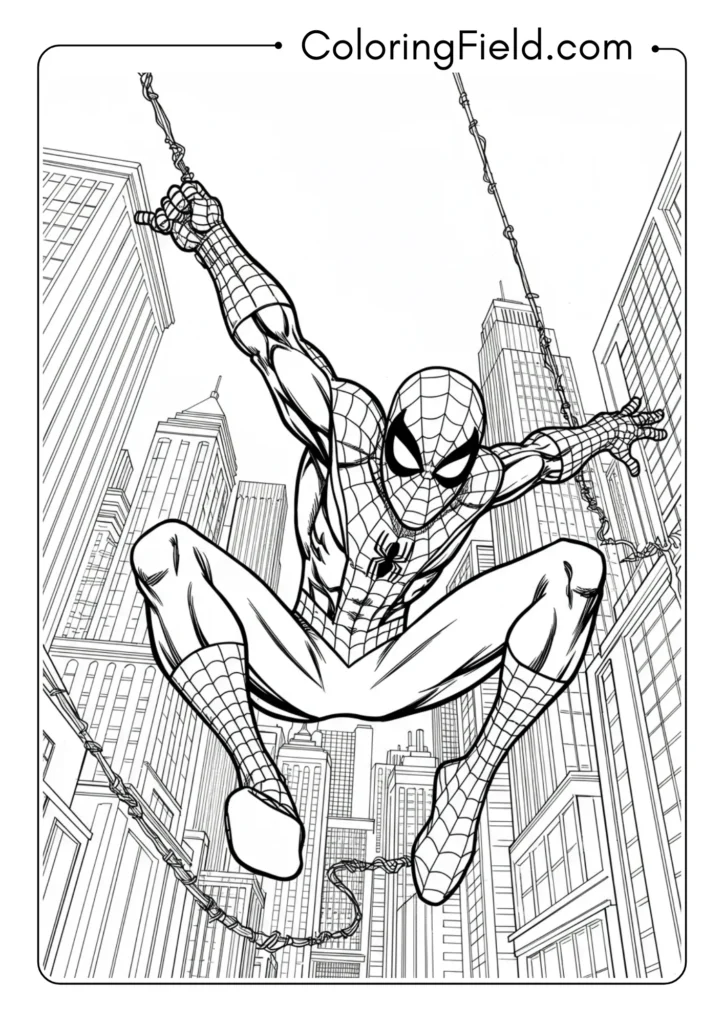 Spider-Man swinging between skyscrapers