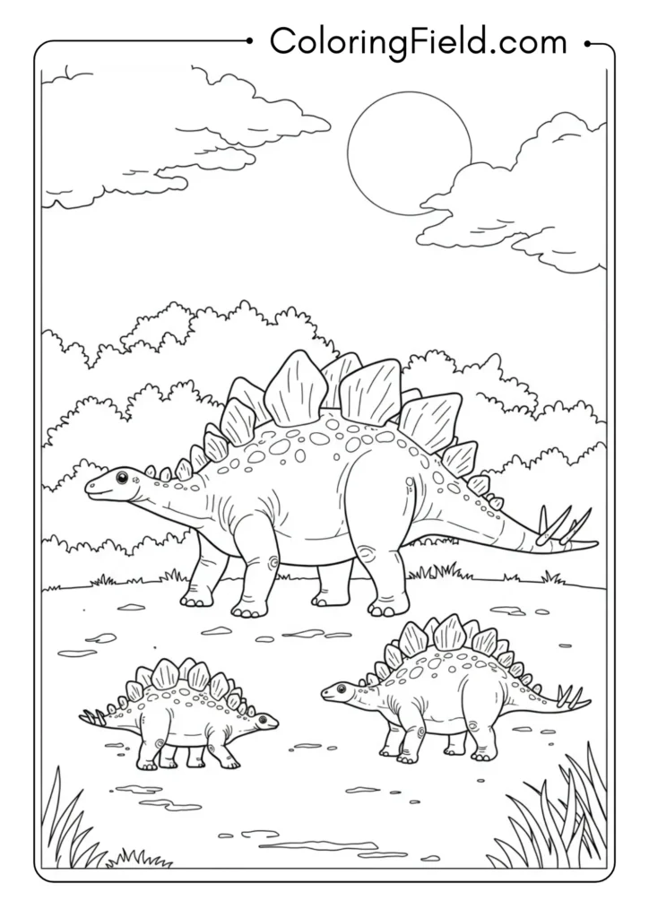 Stegosaurus parent with baby walking alongside