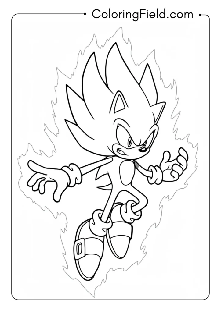 Super Sonic hovering with glowing aura and spiky golden quills, action pose
