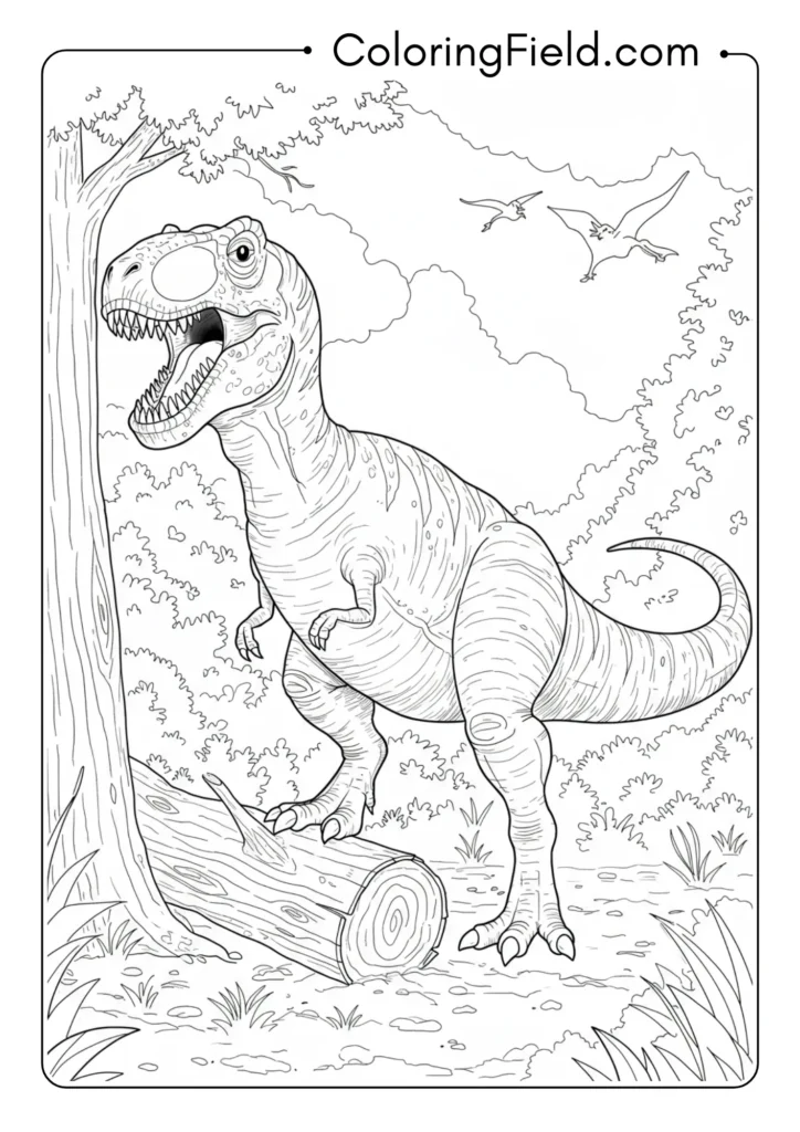 T-Rex facing off against a fallen tree trunk