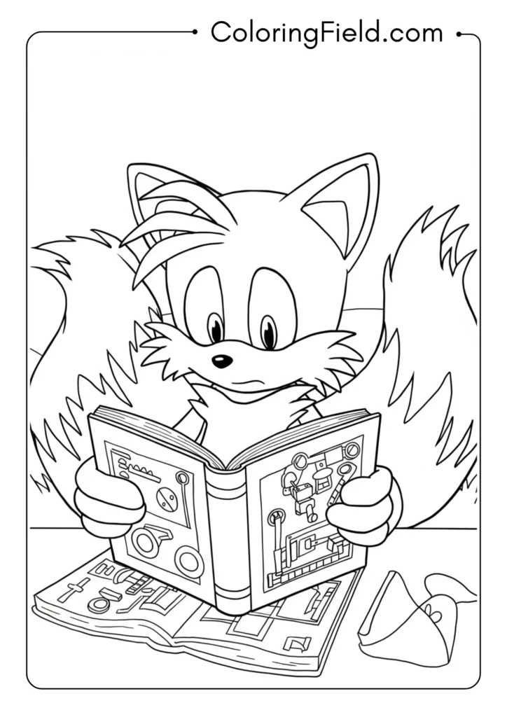 Tails reading a book or blueprint, focused expression