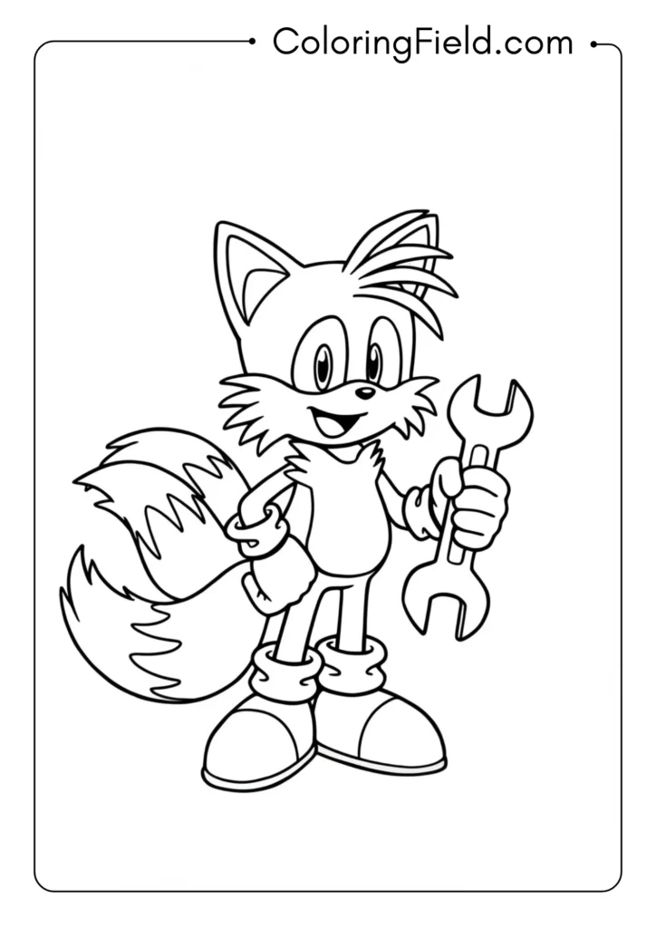 Tails with a happy expression holding a wrench, simple standing pose