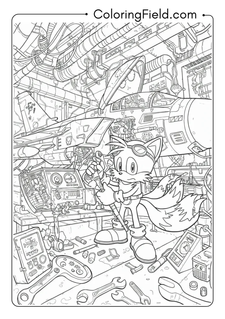Tails working on his airplane with tools, detailed mechanic scene