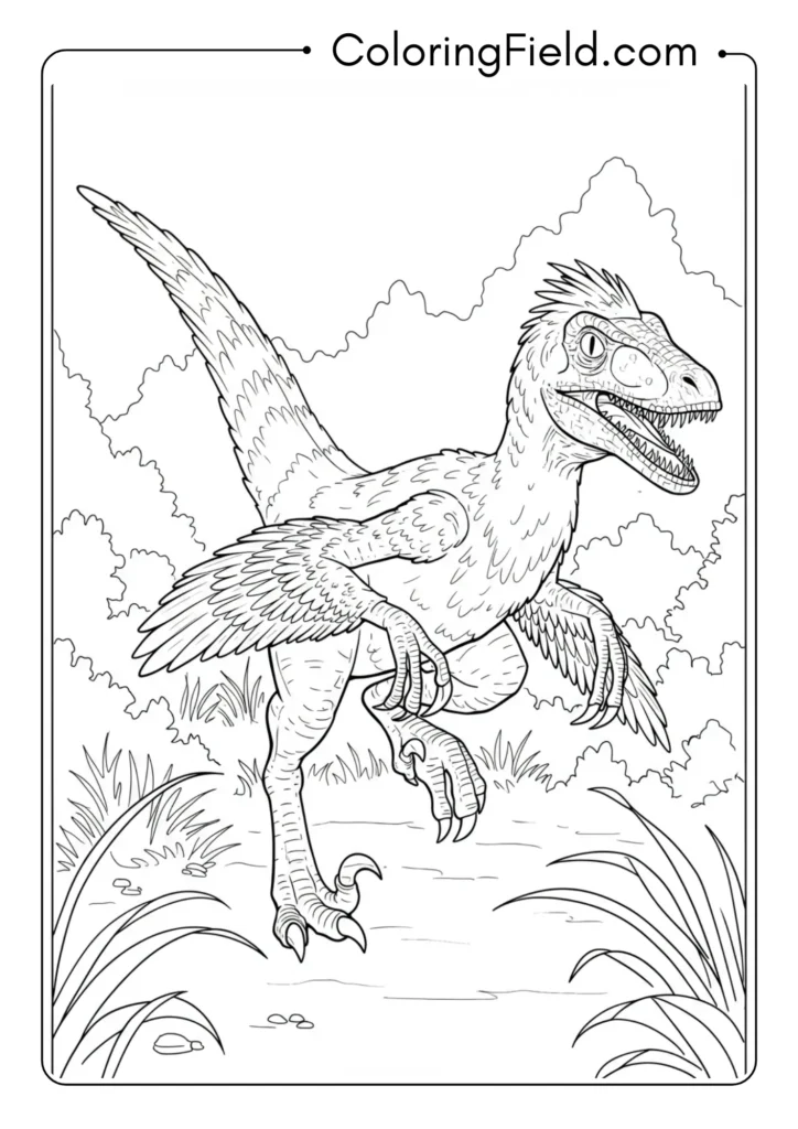 Velociraptor in hunting pose with body leaning forwardin motion
