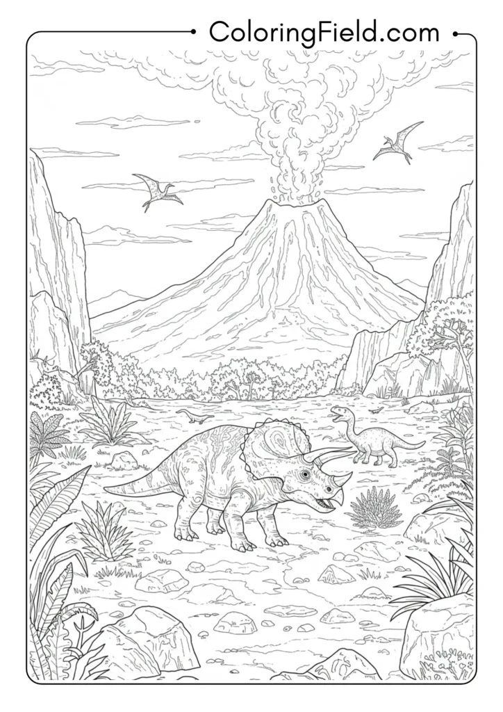 Volcanic landscape with Triceratops in foreground and smoking volcano in background