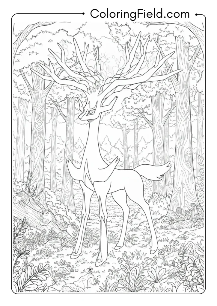 Xerneas with glowing antlers in a forest
