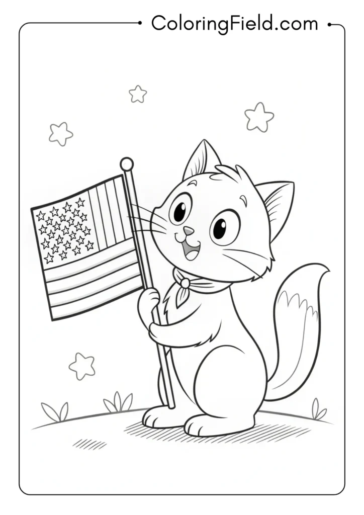 a coloring page of a cat holding a flag
