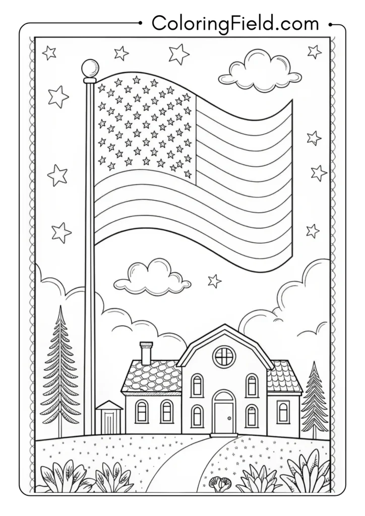 a coloring page of a house and a flag