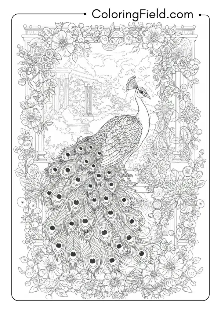 Detailed Peacock in Garden