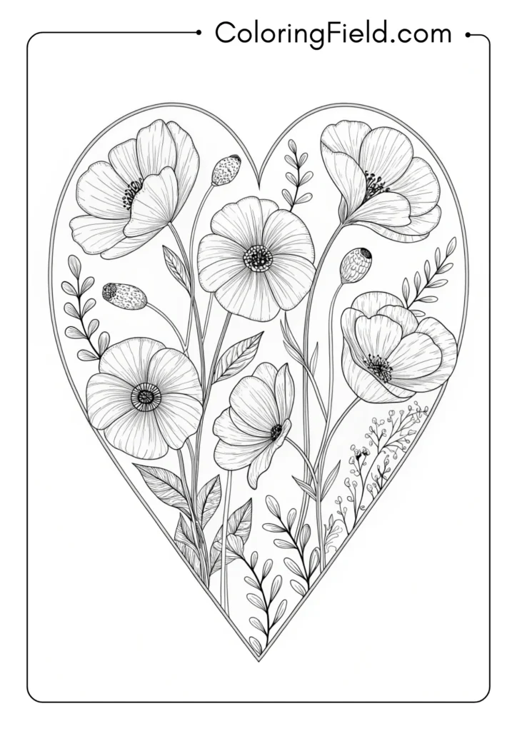 Heart filled with detailed poppy flowers and stems