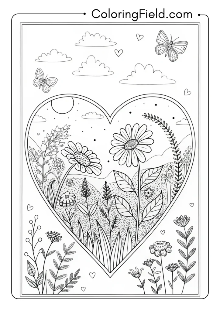 Heart filled with detailed wildflower meadow scene