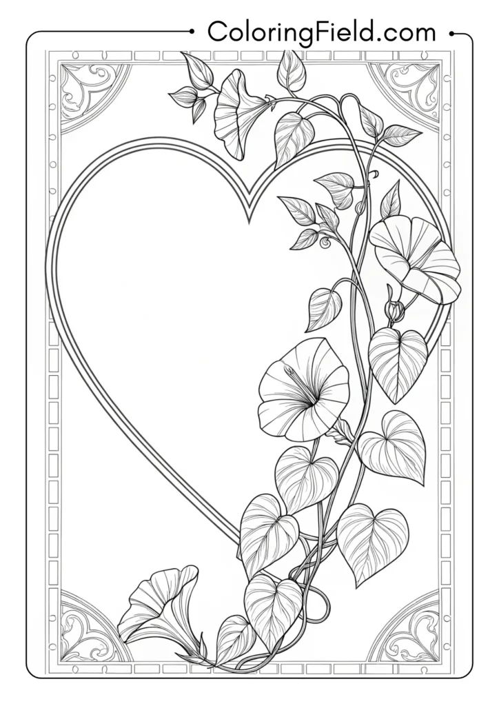 Heart outline with morning glory vines climbing up sides