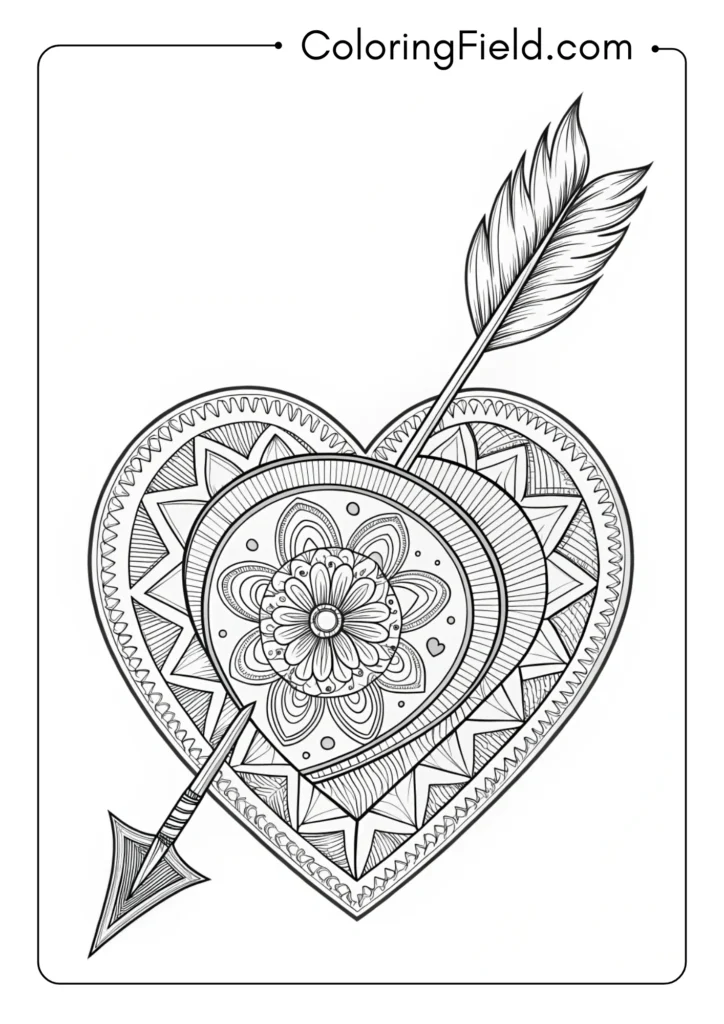 Heart with Cupid's arrow piercing through, detailed fletching