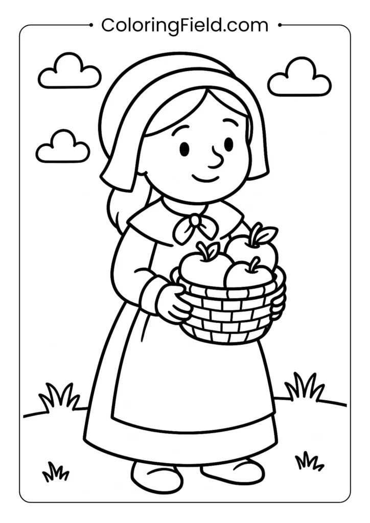 This cheerful Pilgrim girl is carrying a basket she has filled with freshly picked apples from the orchard.