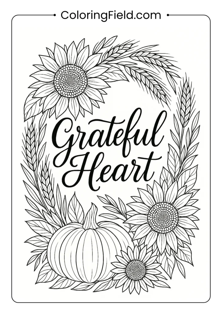 Meditate on gratitude while coloring the words "Grateful Heart," surrounded by a beautiful frame of sunflowers and wheat stalks.
