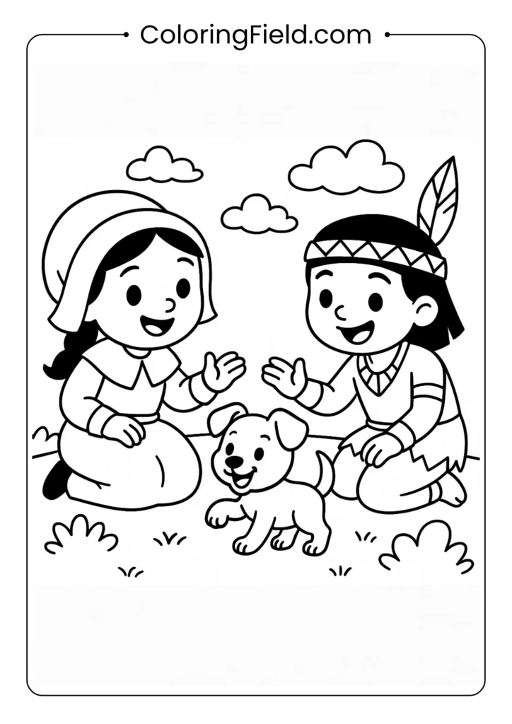 Friendship is universal! A Pilgrim child and a Wampanoag child laugh together as they play with a cute puppy.