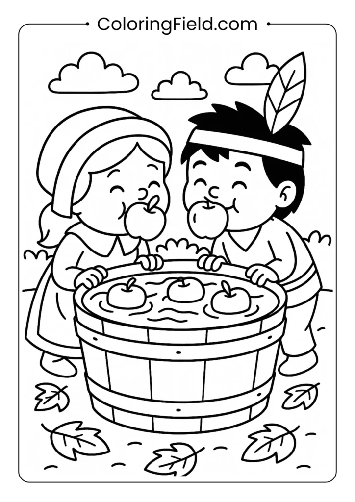 Splash! Children laugh as they try to catch apples with their mouths in this fun autumn party scene.