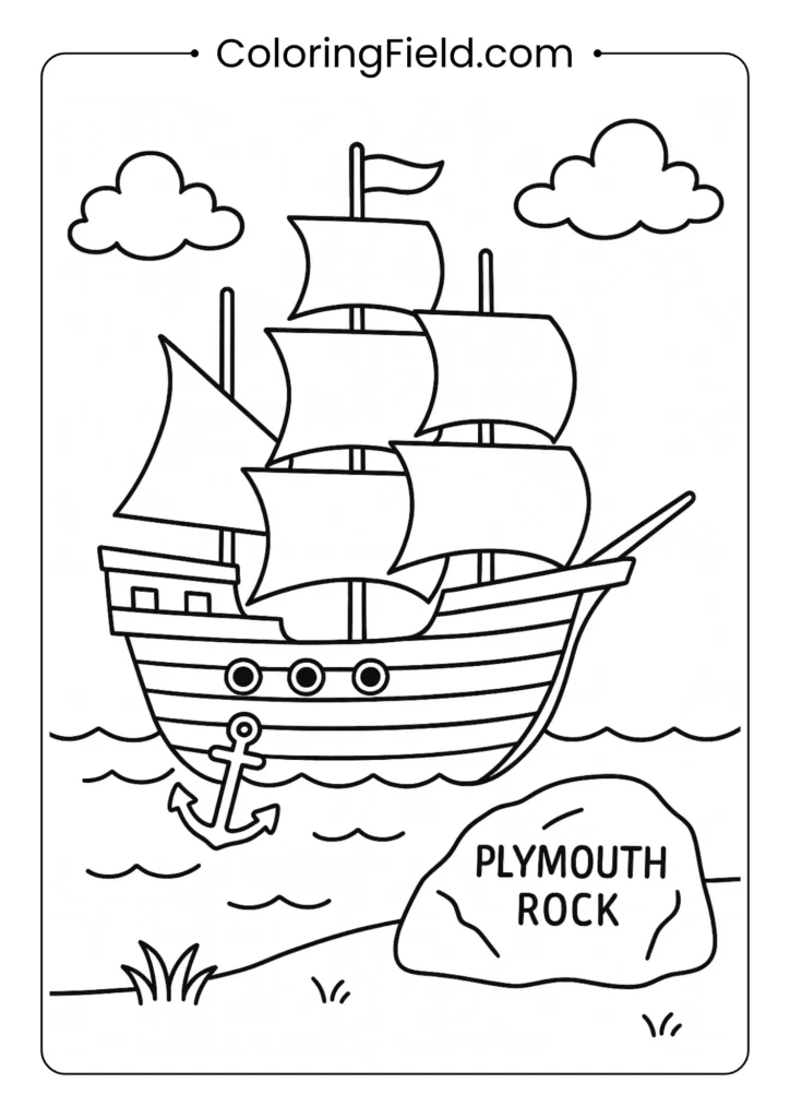 The long journey is over! The Mayflower ship is anchored near the famous Plymouth Rock in this historic arrival scene.