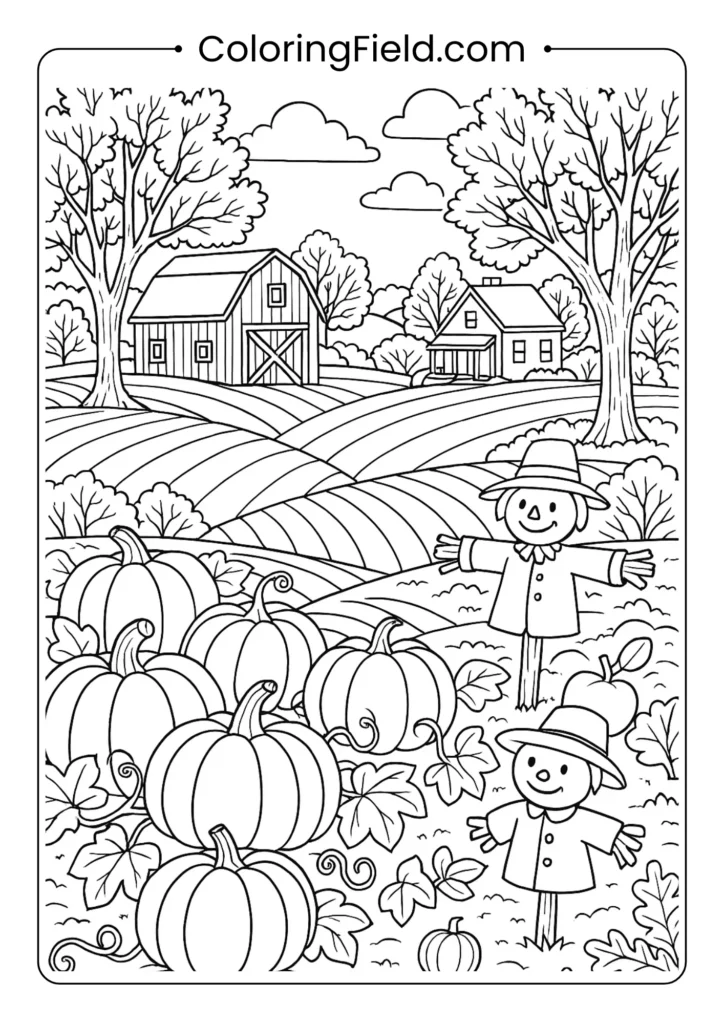 Escape to the country with this detailed landscape showing a farm, a pumpkin patch, and rolling hills of colorful autumn trees.