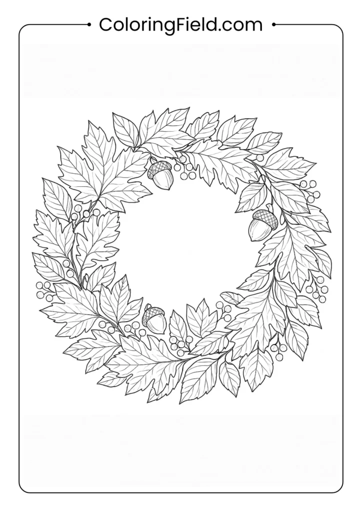 A beautiful and highly detailed wreath composed of different types of fall leaves, acorns, and berries, perfect for detailed coloring.