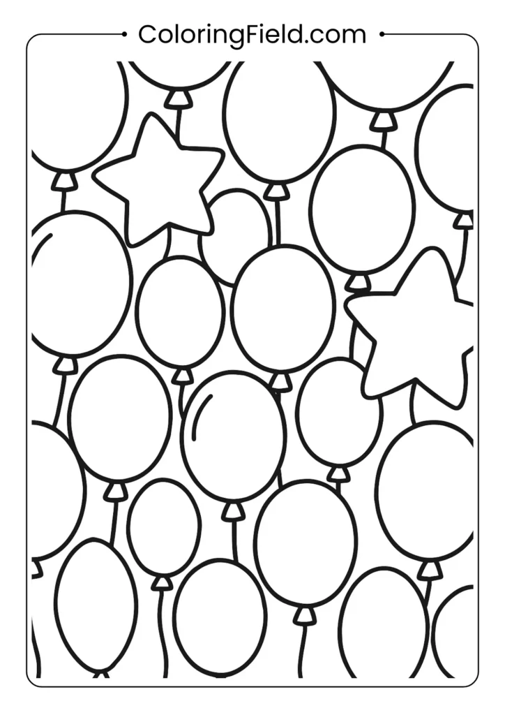 A full-page illustration completely filled with a variety of overlapping balloons. Include round, oval, and star-shaped balloons, all with thick, dark outlines, creating a joyful and immersive coloring experience.