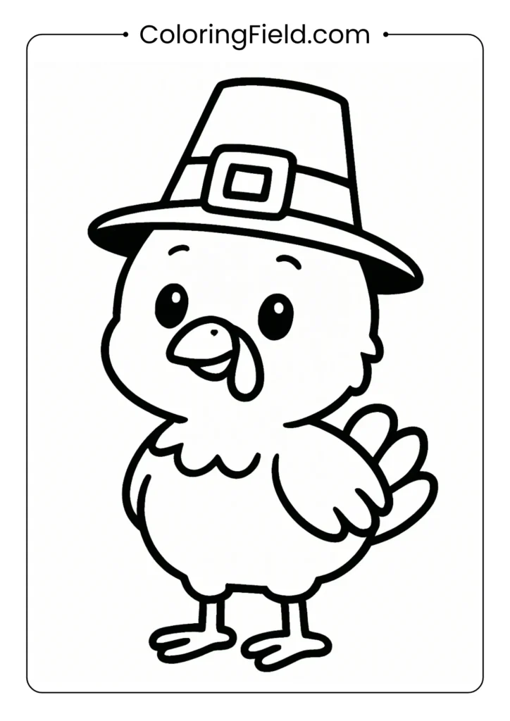 Aww! This adorable, fluffy baby turkey chick is wearing a tiny pilgrim hat and is ready to be colored with cute colors.