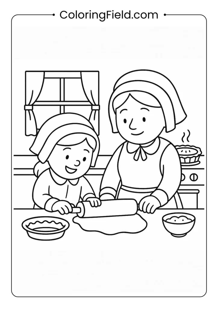 A child and a parent share a special moment in the kitchen, working together to roll out dough and bake a Thanksgiving pie.