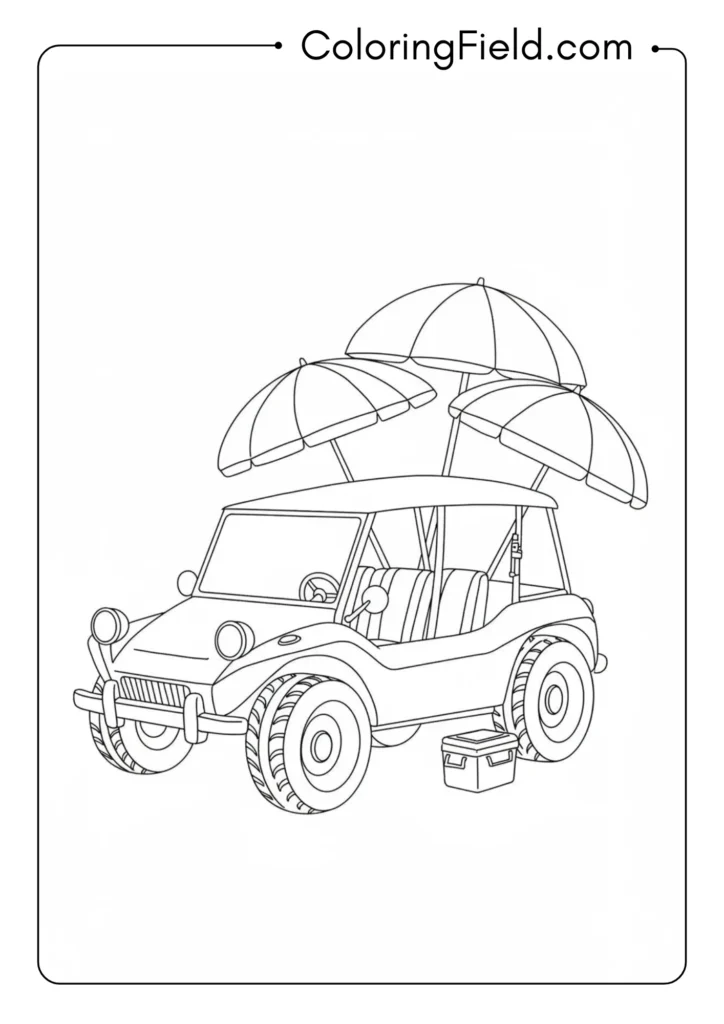 Beach buggy with umbrellas and cooler coloring page