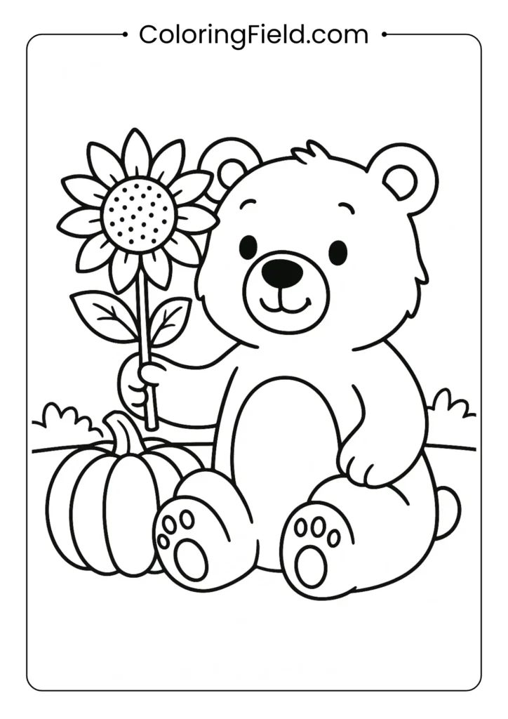 A big, friendly bear cub gives his favorite pumpkin a hug while holding a bright sunflower.