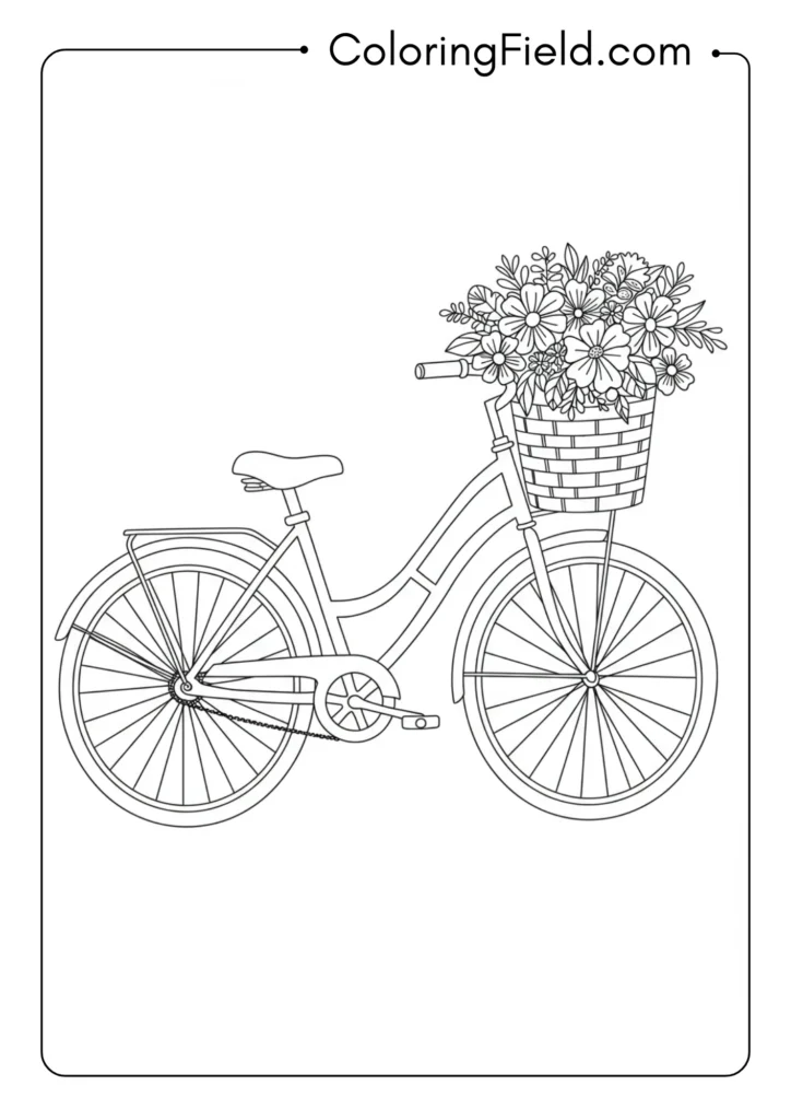 Bicycle with beach basket and flowers coloring page