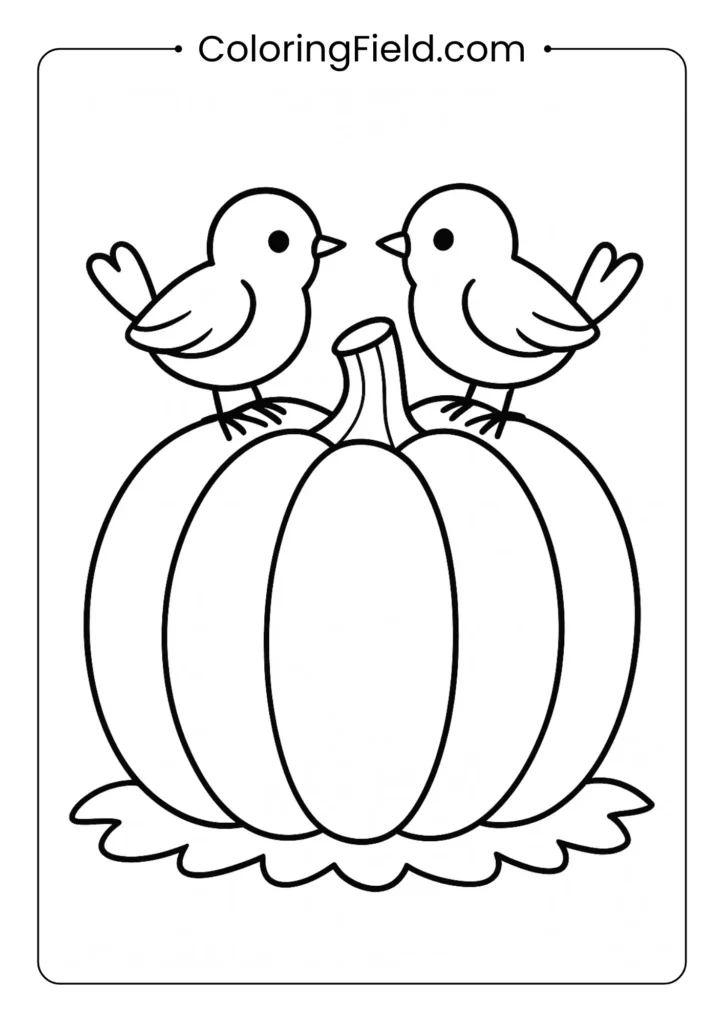 Two cheerful bluebirds are perched on top of a large pumpkin, chirping a happy autumn song.