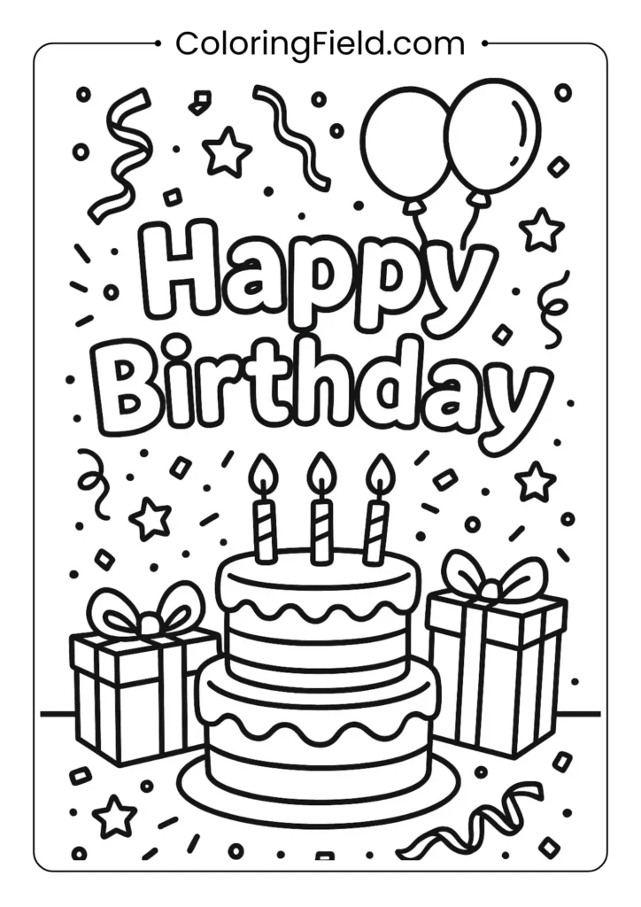 A full-page coloring sheet designed as a cover. It features the words "My Happy Birthday Coloring Book" in a large, bold, bubbly, outlined font. The words are surrounded by a festive arrangement of a birthday cake, balloons, presents, and confetti, all with thick, clean lines.