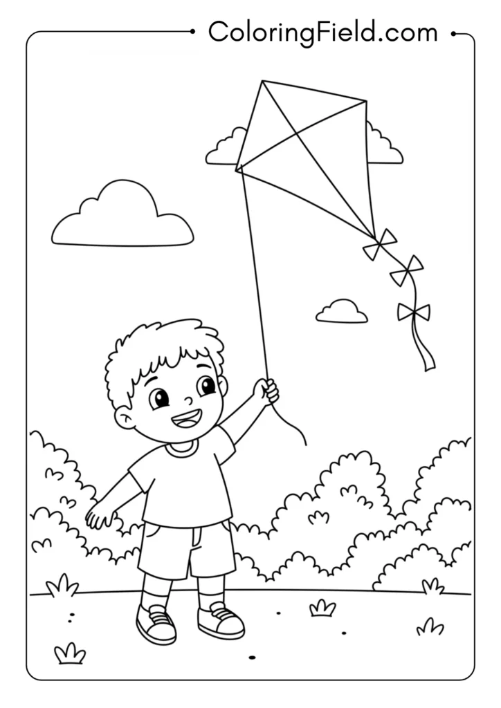 Child flying kite coloring page