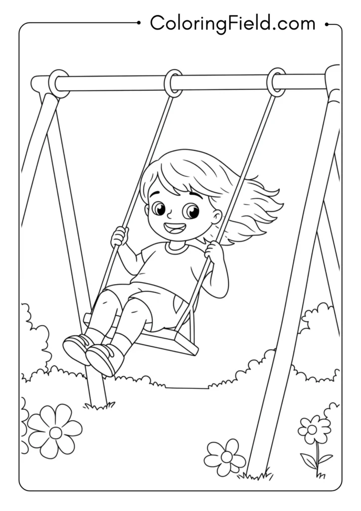 Child on swing coloring page