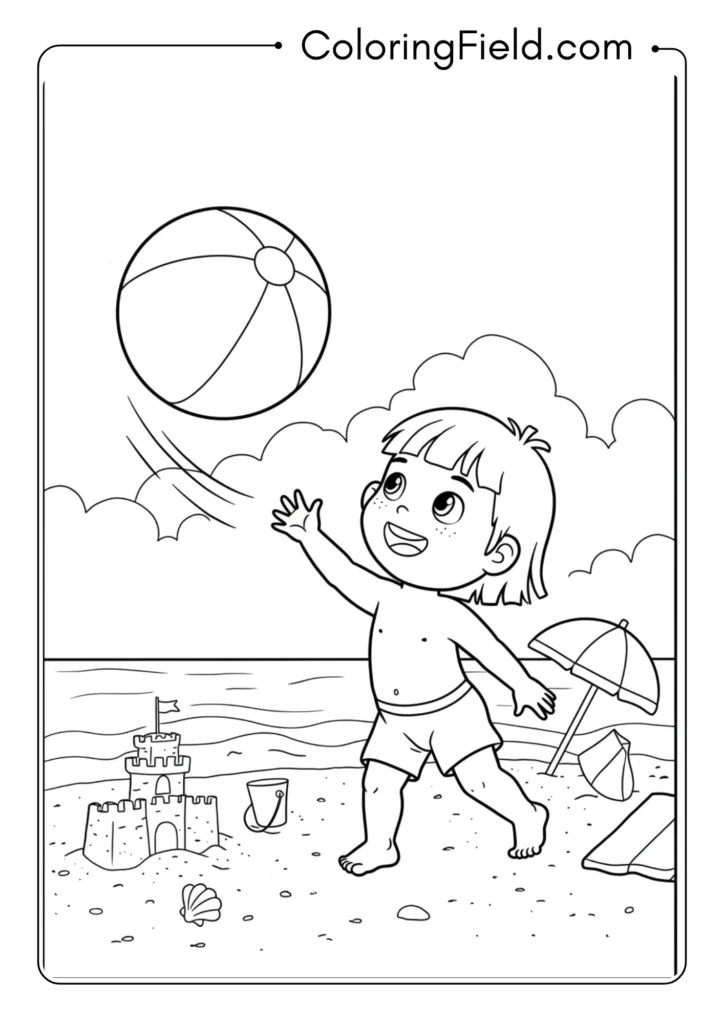 Child playing with beach ball coloring page