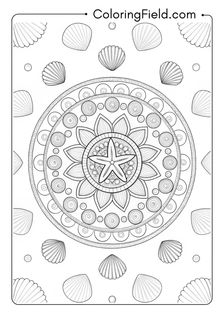 Circle mandala with beach shells coloring page