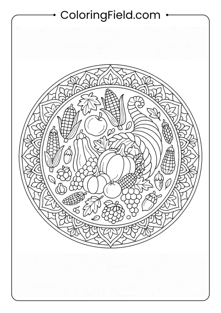 This unique mandala uses a central cornucopia as its starting point, with intricate patterns of fruits and vegetables radiating outwards.