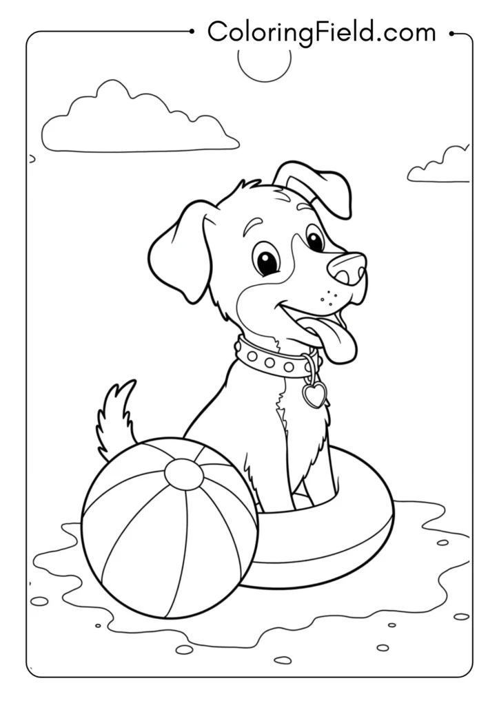 Dog with beach ball coloring page