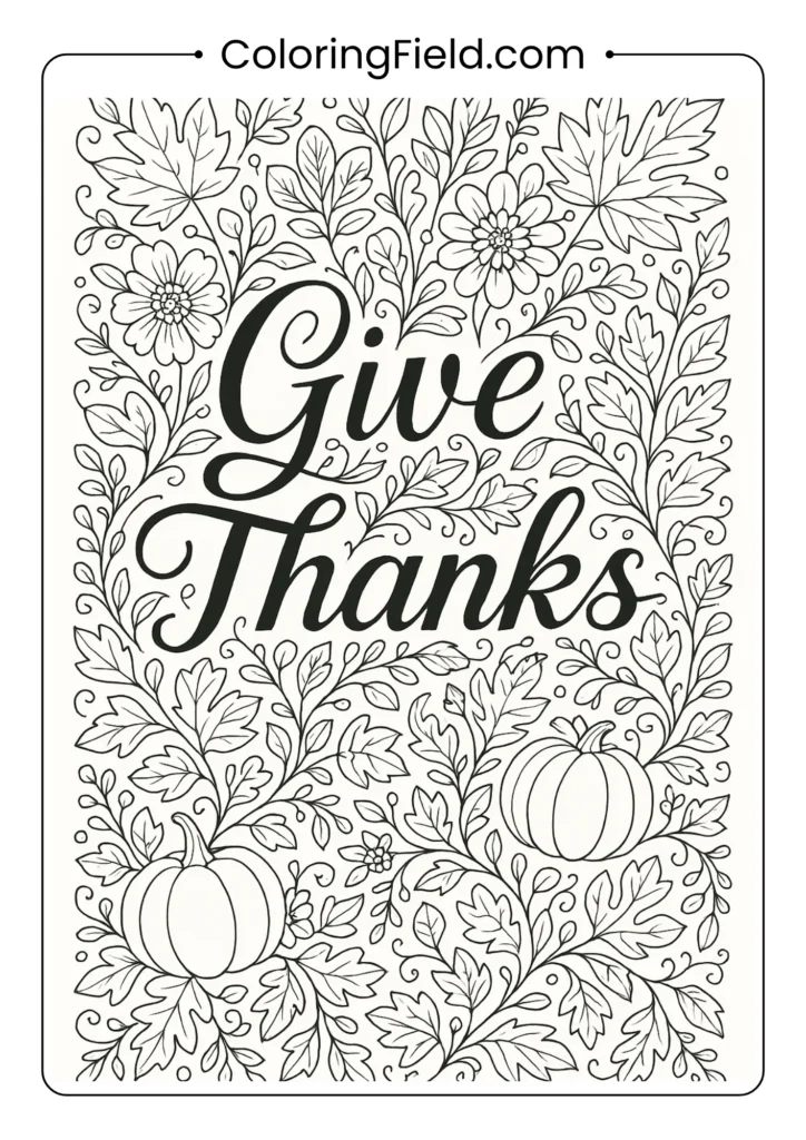 Express your gratitude with this beautiful adult coloring page featuring the words "Give Thanks" intertwined with detailed flowers and vines.